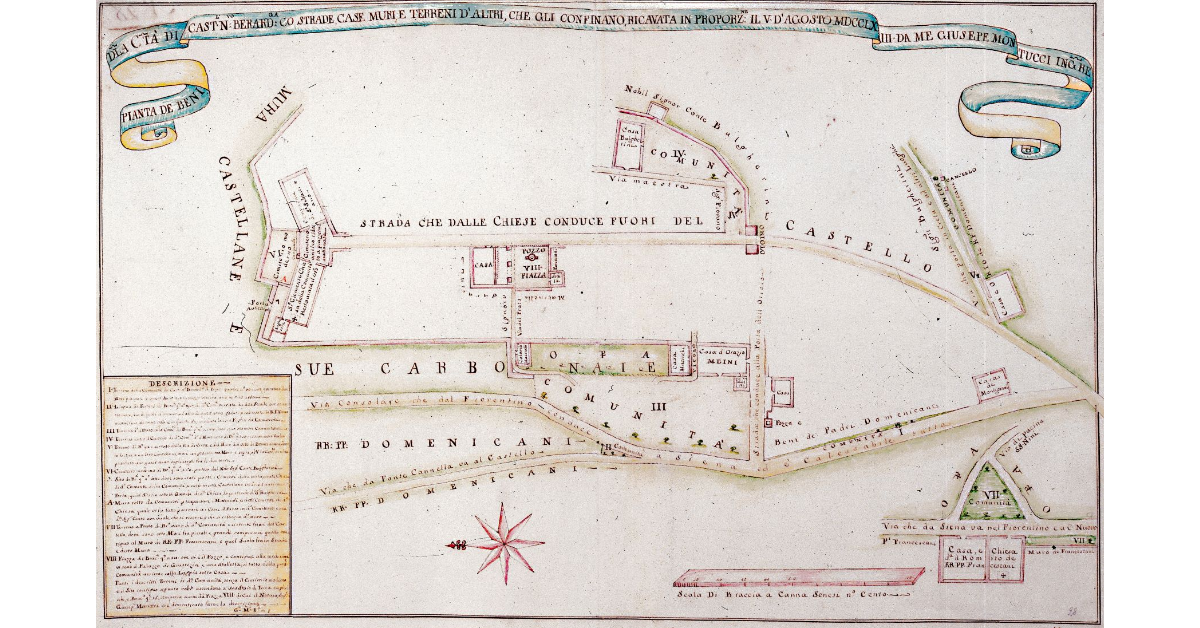 Pianta dei Beni d.la C.tà di Cast.l’N.vo Berard.ga co. strade, case, muri, e terreni d’altri, che gli confinano, ricavata in proporz.ne il V d’agosto 1763