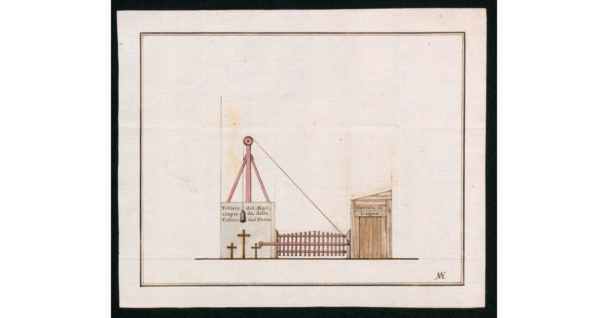 [Veduta di un ingresso dalla parte delle Cascine del Prato con cancello e sbarra con contrappeso]