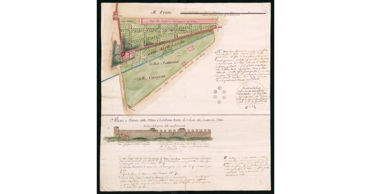 Pianta e veduta delle mura castellane da Porta al Prato alla porticciola del Prato