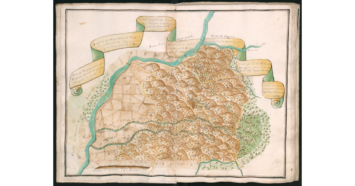 Pianta topografica della Dogana di Monte Nero di Moggia in tutto 793 divisa in due parti cioè, il giro rosso denota la Dogana, che dicono quelli di Monte Nero essere la sola Dogana che è di Moggia 440, e non quella ancora del giro giallo che i Pastori dicono essere anche quella Dogana ch'e di Moggia 353; la pale presentemente i Vergari la godono, il giro verde denota la Bandita di Carnaia fatta d'ordine dell'Ill.mi Sig.ri Appaltatori Generali di Toscana