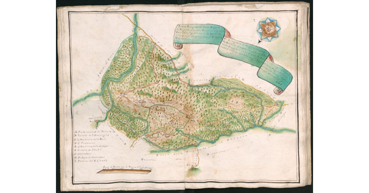 Pianta topografica della Dogana di Cinigiano di Moggia 312, denotando il giro rosso la Dogana, il verde i confini, il giallo la Bandita di sopra, il turchino la Bandita di Poggio Proceno, o Cammilano, il giallo scuro la Bandita delle Piaggie, il color d'aria la Banditaccia de' Sig.ri Ciai, il nero le pretenzioni de Sig.ri Tolommei, fatta d'ordine delli Ill.mi Sig.ri Appaltatori Generali di Toscana