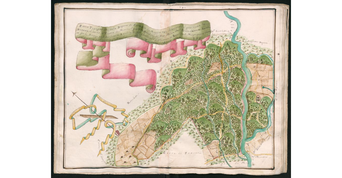 Pianta topografica della Dogana di Saturnia di Moggia 741 denotando il giro rosso la Dogana, il verde la Tenuta di Murci, il giallo la Bandita' di Pian di Palma che l'estate diventa Bandita per le Finanze, il turchino la Bandita di M.te Cavallo, il giallo scuro la Bandita di Magrignano, fatta fare d'ordine dell'Ill.mi Sig.ri Appaltatori Generali di Toscana l'anno 1745