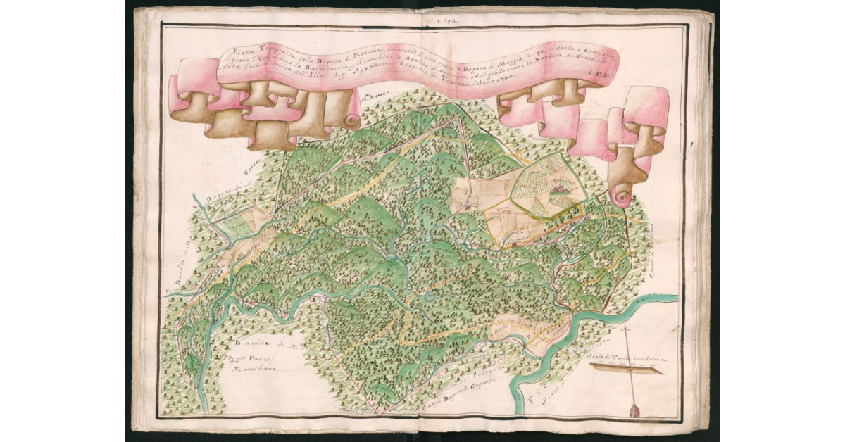 Pianta topografica della Dogana di Manciano denotando il giro rosso la Dogana di Moggia 2192, il verde i confini, il giallo gli Usi, il nero la Banditaccia, il turchino la Bandita di Seccheta e il giallo scuro la Bandita di Granaiolo, fatta fare d'ordine dell'Ill.mi Sig.ri Appaltatori Generali di Toscana l'anno 1745