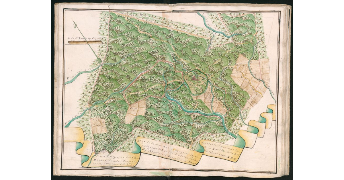 Pianta topografica della Dogana di Monte Ano di Moggia 1918 denotando il giro rosso la Dogana, il verde i confini, il giallo scuro la Bandita di Macea, il celeste la Bandita della Riserva, fatta fare dall'Ill.mi Sig.ri Appaltatori Generali di Toscana l'anno 1745
