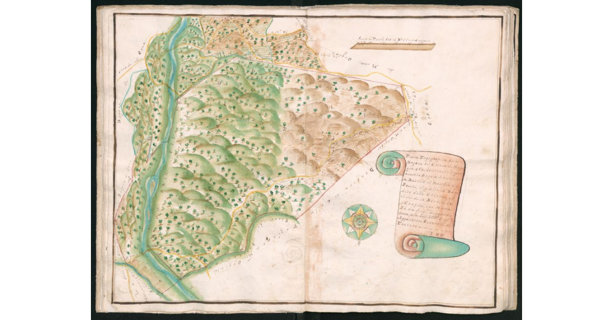 Pianta topografica della Dogana del Cotone di Moggia 964, denotando il giro rosso la Dogana, il turchino la Bandita di Macchia ai Paschi, il giallo la Bandita della Colomba, ed il verde la Bandita de i Confini, con Monte Po' de Sig.ri Seggardi fatta fare dall'Ill.mi Sig.ri Appaltatori Generali della Toscana