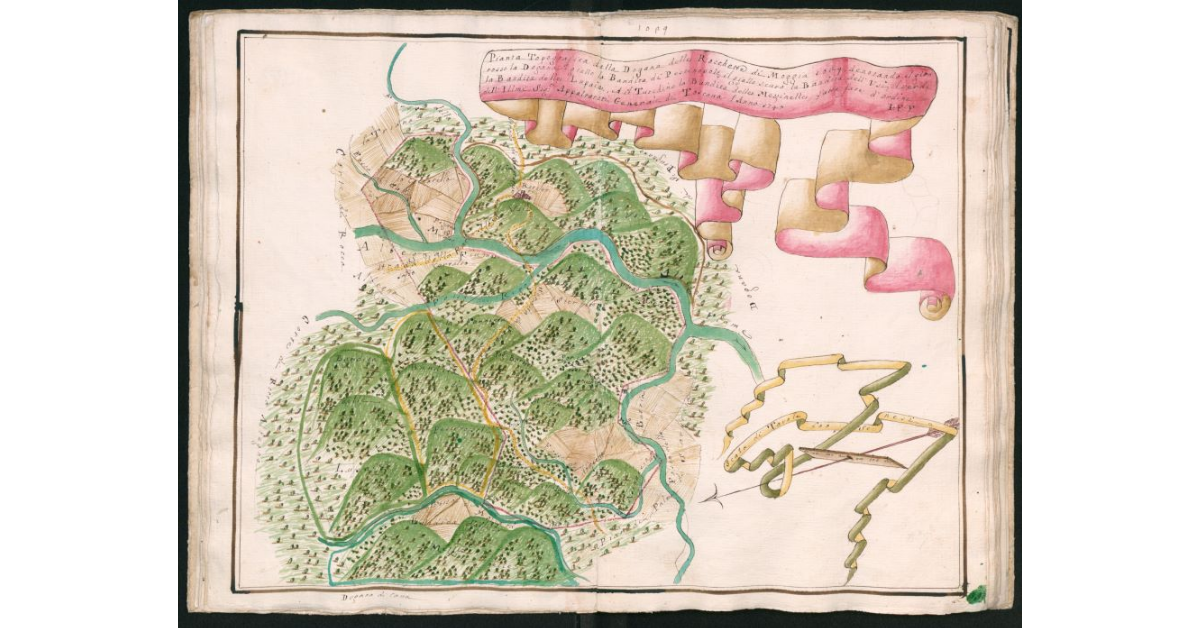 Pianta topografica della Dogana delle Rocchette di Moggia 1029, denotando il giro rosso la Dogana, il giallo la Bandita di Pescinopoli, il giallo scuro la Bandita dell'Usi, il verde la Bandita del Lupaio, ed il turchino la Bandita delle Mezzinelle, fatta fare d'ordine dell'Ill.mi Sig.ri Appaltatori Generali di Toscana l'anno 1745