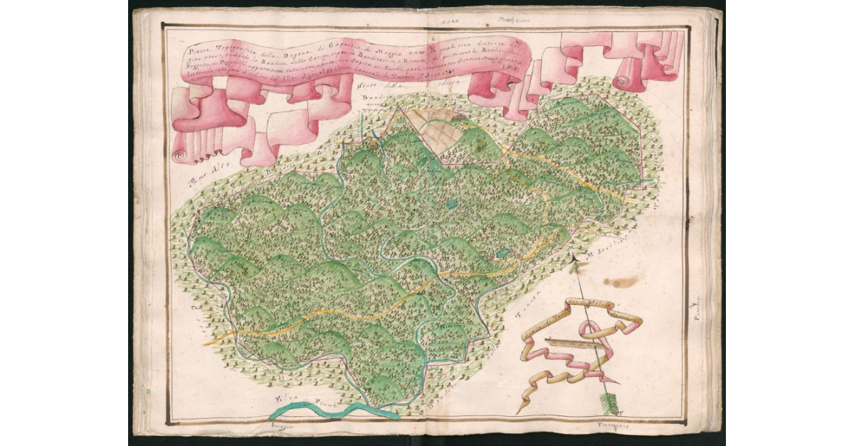 Pianta topografica della Dogana di Capalbio di Moggia 3245 [corretto in 3242], la quale vien distinta dal giro rosso, restando la Bandità delle Carige, sopra la Banditaccia o Riserva, di poi vi sono le Bandite dei Poggetti e Pozzarelli appartenenti tutte e tre, con Capita ai Paschi, quali restano tra Scirocco, Mezzogiorno e Libeccio, fatta fare d'ordine dell'Ill.mi Sig.ri Appaltatori Generali di Toscana l'anno 1745