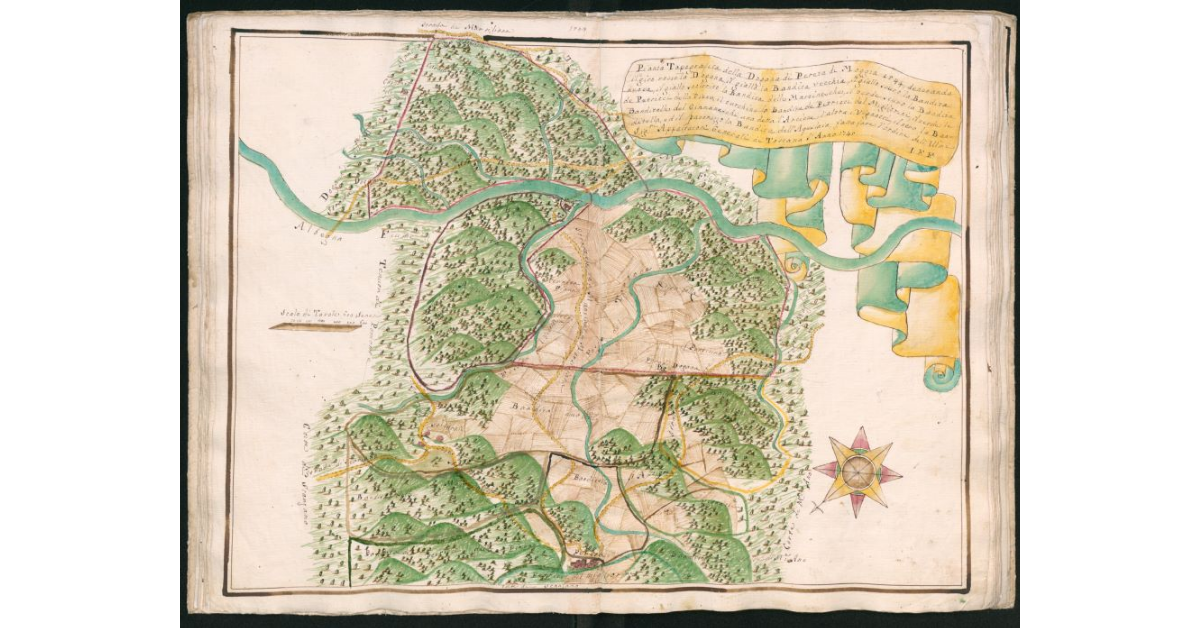 Pianta topografica della Dogana di Pereta di Moggia 1544 denotando il giro rosso la Dogana, il giallo la Bandita Vecchia, il giallo scuro la Bandita Nuova, il giallo scolorito la Bandita delle Martinesche, il verde scuro la Bandita de Petricci della Pieve, il turchino la Bandita de Petricci del Migliorini, il verde le Banditelle del Ginnaneschi, una detta l'Arcione, l'altra i Vignacci, il nero la Banditella, ed il pavonazzo la Bandita dell' Aquilaia, fatta fare d'ordine dell'Ill.mi Sig.ri Appaltatori Generali di Toscana l'anno 1745