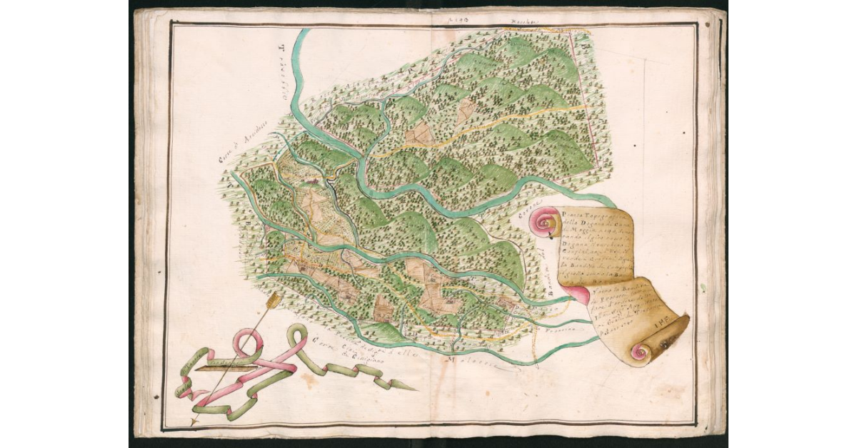 Pianta topografica della Dogana di Cana di Moggia 2193, denotando il giro rosso la Dogana, il turchino i confini anzi l'Usi, il verde i confini, il giallo la Bandita di Campiglia, il giallo scuro la Bandita de Bovi, il nero la Bandita de Pratacci, fatta fare d'ordine dall'Ill.mi Sig.ri Appaltatori Generali di Toscana l'anno 1745