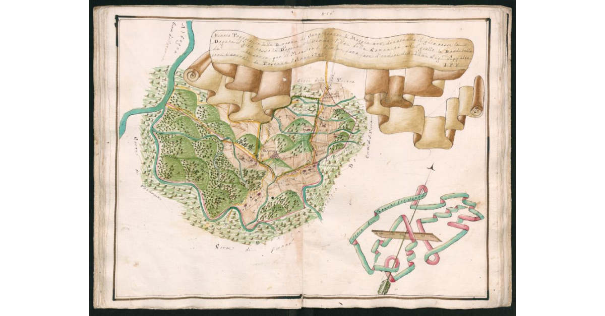 Pianta topografica della Dogana di Samprugnano di Moggia 456, denotando il giro rosso la Dogana (...), il verde l'Usi della comunità ed il giallo la Banditella del ... che serve per il Maestro di Scuola, fatta fare d'ordine dell'Ill.mi Sig.ri Appaltatori Generali di Toscana l'anno 1745