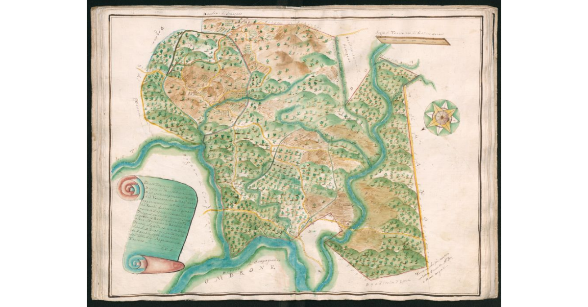 Pianta topografica della Dogana di Monte Orgiali di Moggia 1527 compresovi il Terzo del Vescovo che è Moggia 300, appartenendovi la fida d'inverno ai Paschi, denotando il rosso la Dogana, il cenerino il Terzo, il verde i confini ristretti, il giallo la Bandita di Murci, il giallo scuro la Bandita di S.Giorgio colla Villa di Pancoli, fatta d'ordine dell'Ill.mi Sig.ri Appaltatori di Toscana