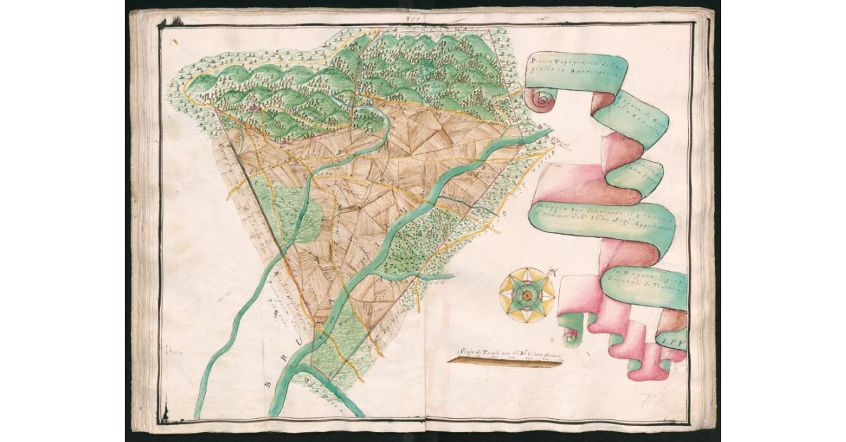 Pianta topografica della Dogana di Giuncarico di Moggia 835, denotando il giro rosso la Dogana, il giro giallo la Banditaccia della Comunità, fatta fare d'ordine dell'Ill.mi Sig.ri Appaltatori Generali di Toscana