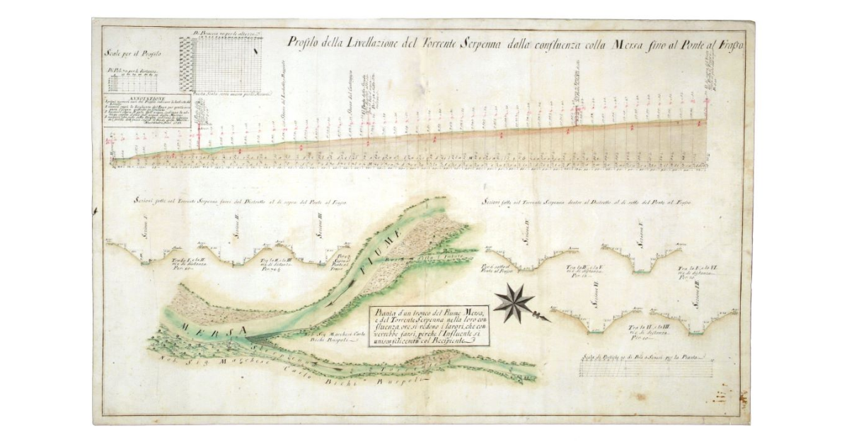 Pianta d’un tronco del Fiume Mersa, e del Torrente Serpenna nella loro confluenza, ove si vedono i lavori, che converrebbe farsi, perché l’Influente si unisca felicemente col Recipiente. Profilo della Livellazione del Torrente Serpenna dalla confluenza colla Mersa fino al Ponte al Frasso