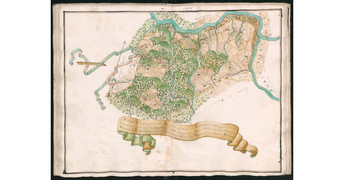 Pianta topografica della Dogana del Sasso di Maremma di Moggia 1026, denotando il giro rosso la Dogana, il verde i confini, il giallo l'Usi ed il turchino la Bandita della Comunità, fatta fare d'ordine dell'Ill.mi Appaltatori Generali di Toscana l'anno 1745