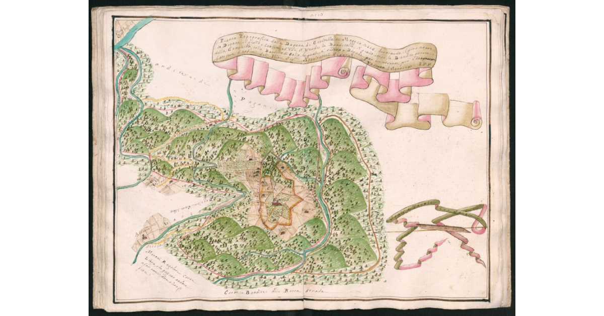 Pianta topografica della Dogana di Civitella di Moggia 2113 denotando il giro rosso la Dogana, il giallo i confini dell'Usi, il verde la Banditella, il giallo scuro la Bandita Grossa della Comunità della Bandita di Gello, la quale si e ridotta a Dogana per non esservi più compratori, fatta fare d'ordine dall'Ill.mi Sig.ri Appaltatori Generali di Toscana l'anno 1745