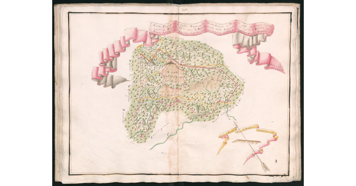 Carta topografica della Dogana di Mont'Orsaio di Moggia 943, denotando il giro rosso la Dogana, il giro nero la Banditaccia della Comunità, ed il giallo la Bandita di Monte Leoni dello Spedale di Siena, fatta fare d'ordine dell'Ill.mi Sig.ri Appaltatori Generali di Toscana l'anno 1745