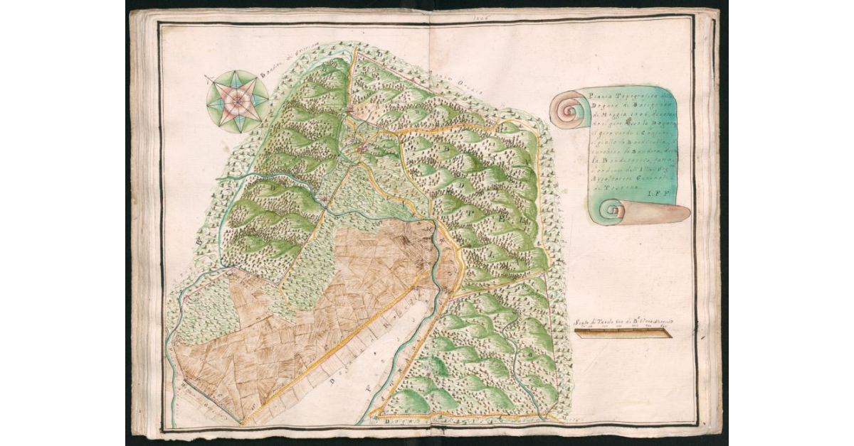 Pianta topografica della Dogana di Batignano di Moggia 1006, denotando il giro rosso la Dogana, il giro verde i confini, il giallo la Banditella, il turchino la Bandita detta la Banditaccia, fatta fare d'ordine dell'Ill.mi Sig.ri Appaltatori Generali di Toscana