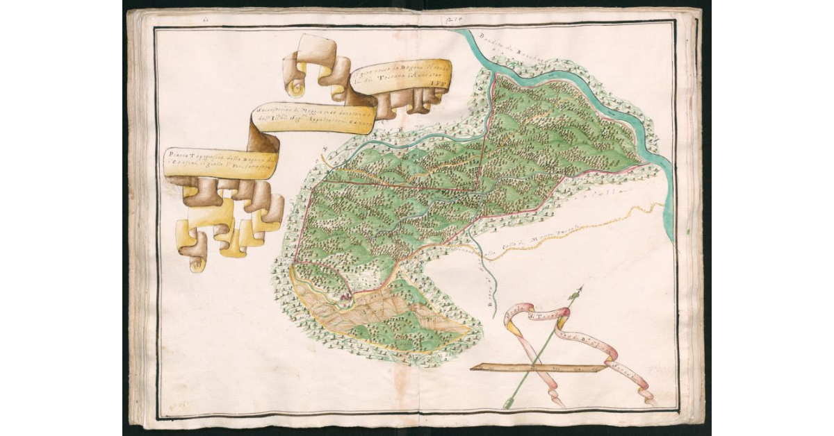 Pianta topografica della Dogana di Sassofortino di Moggia 215 denotando il giro rosso la Dogana, il verde i confini e il giallo l'Usi, fatta fare dall'Ill.mi Sig.ri Appaltatori Generali di Toscana l'anno 1745