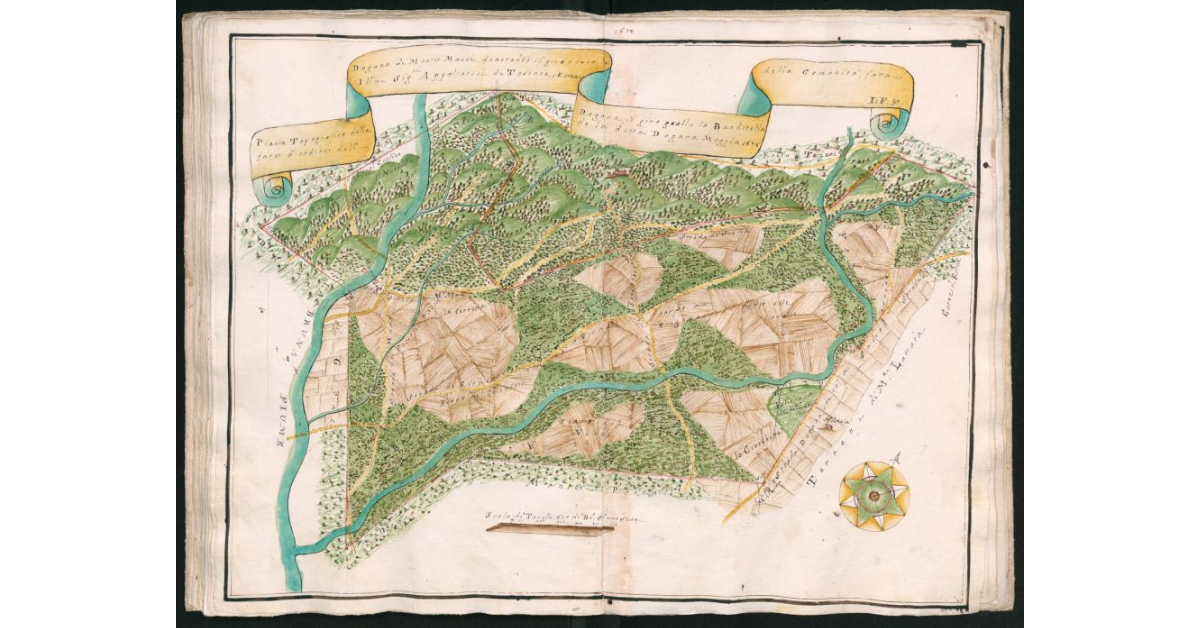Pianta topografica della Dogana di Monte Massi, denotando il giro rosso la Dogana, il giro giallo la Banditella della Comunità, fatta fare d'ordine dell'Ill.mi Sig.ri Appaltatori di Toscana, essendo detta Dogana Moggia 1678