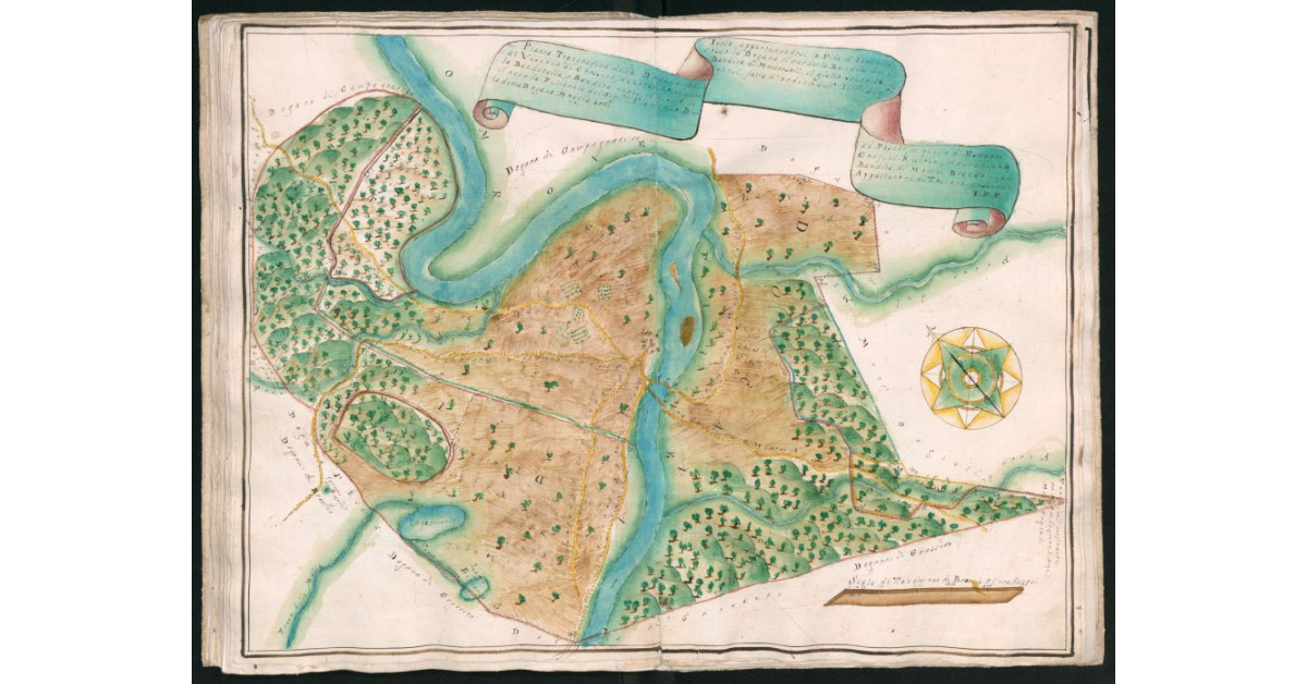 Pianta topografica della Dogana di Istia, appartenendovi la Fida d'inverno ai Paschi e gtilella d'estate al Vescovo di Grosseto, denotando il giro rosso la Dogana, il verde la Bandita dei Confini ristretti, il turchino la Banditella e Bandita nova, il giallo la Bandita di Montorsoli, il giallo scuro la Bandita di Monte Brandoli, ed il nero la Pulleraia del Sig.Flaminio Borghesi, fatta fare d'ordine dell'Ill.mi Sig.ri Appaltatori di Toscana, essendo la detta Dogana Moggia 456