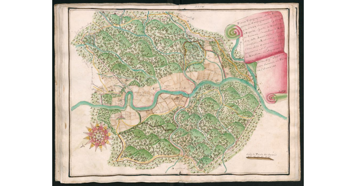 Pianta topografica della Dogana di Campagnatico di Moggia 3338, denotando il giro rosso la Dogana, il giallo la Bandita del Pianetto, il turchino la Bandita delle Banditelle, il verde i confini e ristretti, il nero l'usi della Comunità di Campagnatico, ed il giallo scuro la Bandita di Sughereto, fatta fare d'ordine dell'Ill.mi Sig.ri Appaltatori Generali di Toscana l'anno 1745
