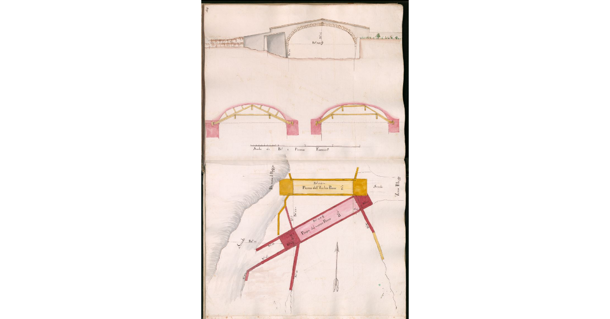 [Alzato, planimetria e profili di un nuovo ponte da farsi accanto ad uno vecchio posto sulla strada per Pelago]