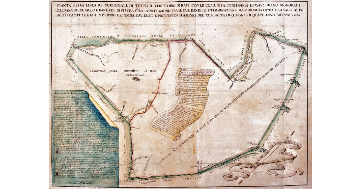 Pianta della linea iurisdizionale di tutto il territorio di Ravi con le comunità confinanti di Gavorrano signoria di Caldana Giuncarico e Bandita di Pietra colla confinanazione tra le due bandite, e terminazione delle moggia otto alla Valle al Pesco o Campi ...