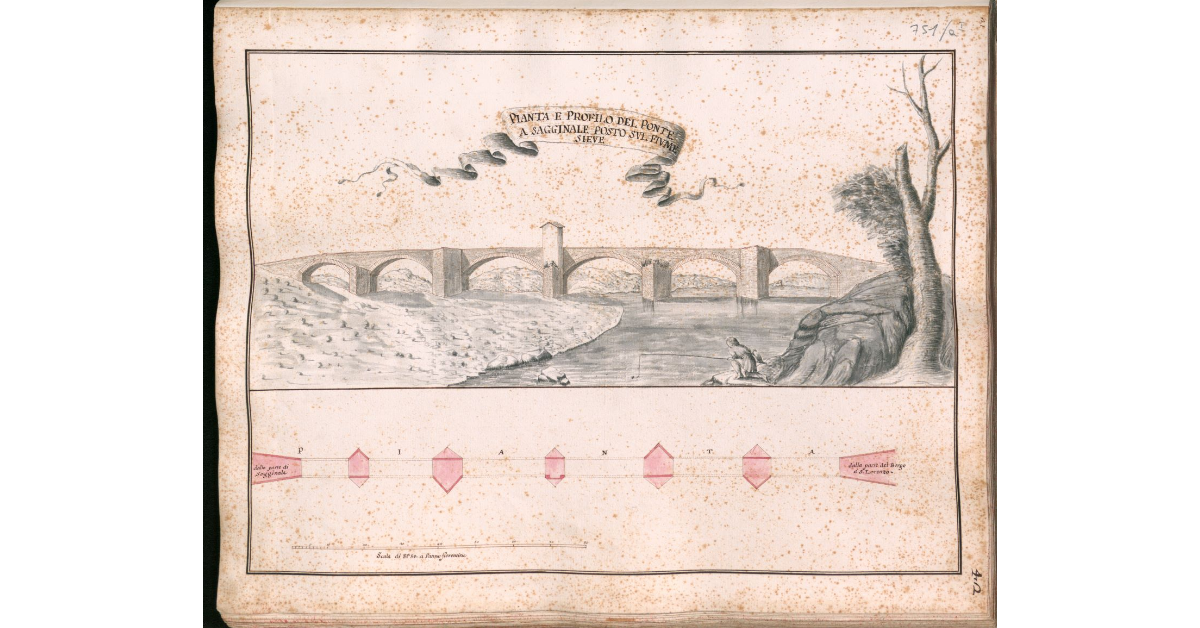 Pianta e profilo del ponte a Sagginale posto sul fiume Sieve