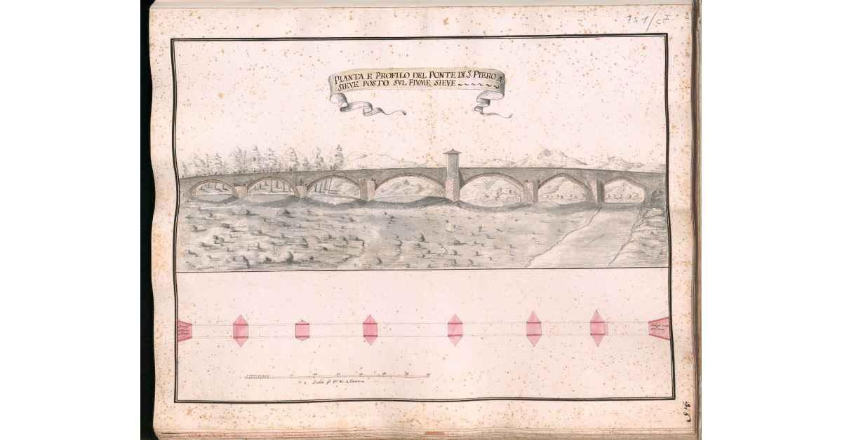 Pianta e profilo del Ponte di San Piero a Sieve posto sul fiume Sieve