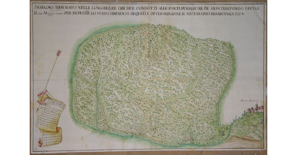 Disegno misurato nelle lunghezze dei due condotti alle fonti pubbliche di Monteritondo fatto Il 19 Maggio 1748 per mostrare lo stato presente di quelli e determinarne il necessario resarcimento