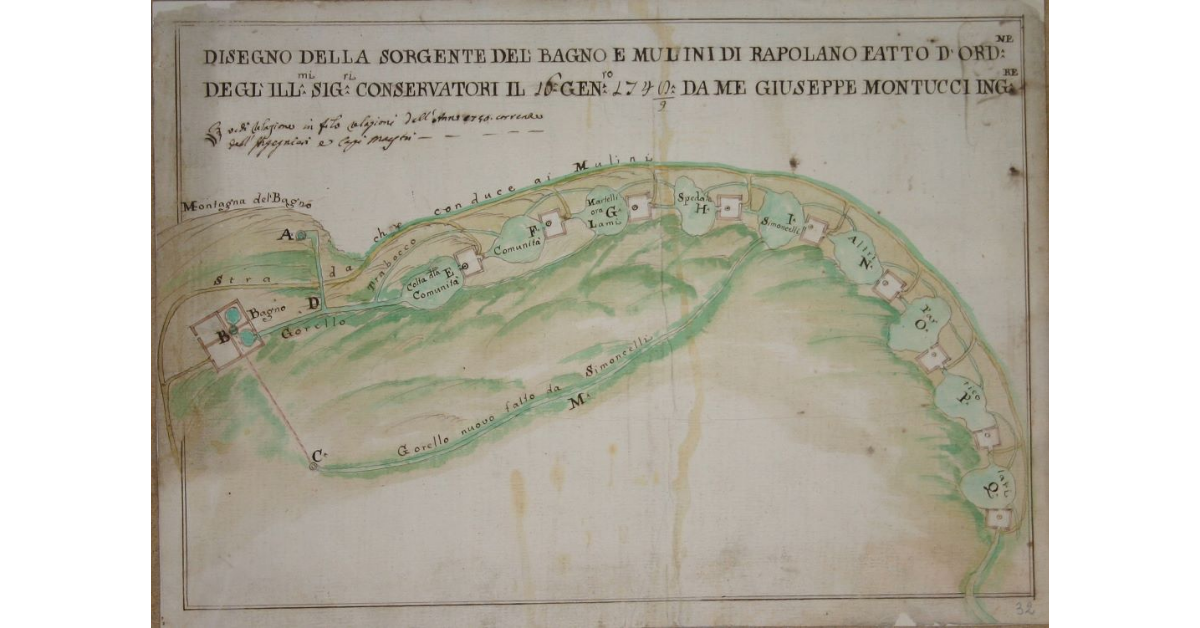 Disegno della Sorgente del Bagno e Mulini di Rapolano fatto d’ordine degl’Illustrissimi Signori Conservatori il 16 Gennaio 1748, da me Giuseppe Montucci Ingegnere