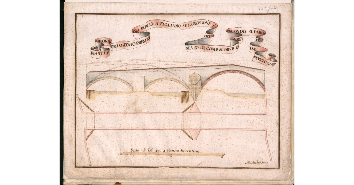 Pianta e profilo dello stato presente del Ponte a Tigliano sull'Ombrone e dello stato di come si deve ridurre secondo si dimostra dal punteggiato