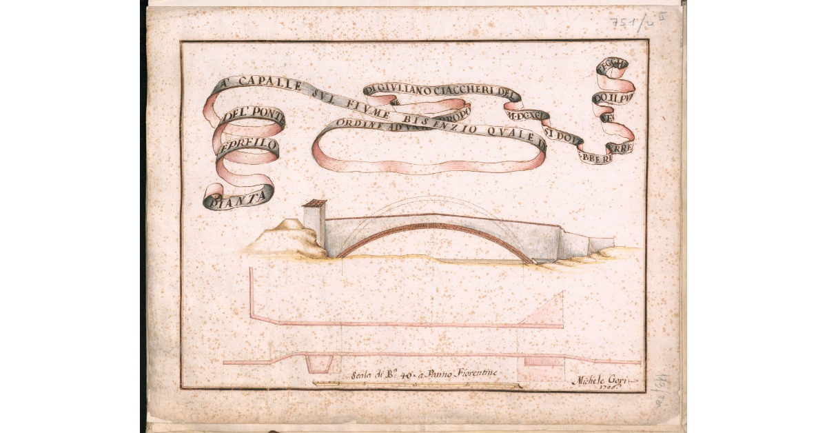 Pianta e profilo del ponte a Capalle sul fiume Bisenzio quale in ordine ad una propo[sizio]ne di Giuliano Ciaccheri del 1691 si dovrebbe ridurre se[con]do il punteggiato