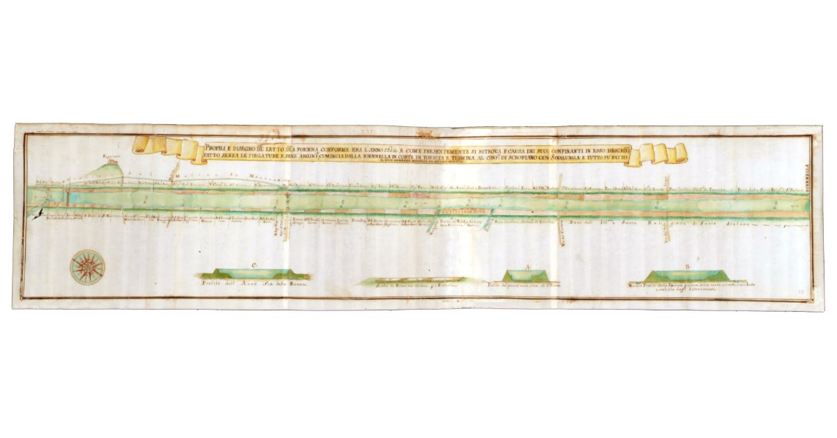 Profili, e disegno del letto della Foenna, conforme era l'anno 1612, e come presentemente si ritrova per causa dei suoi confinanti in esso descritti fatto senza le piegature e senz'argini al conf.o di Scrofiano con Sinalunga