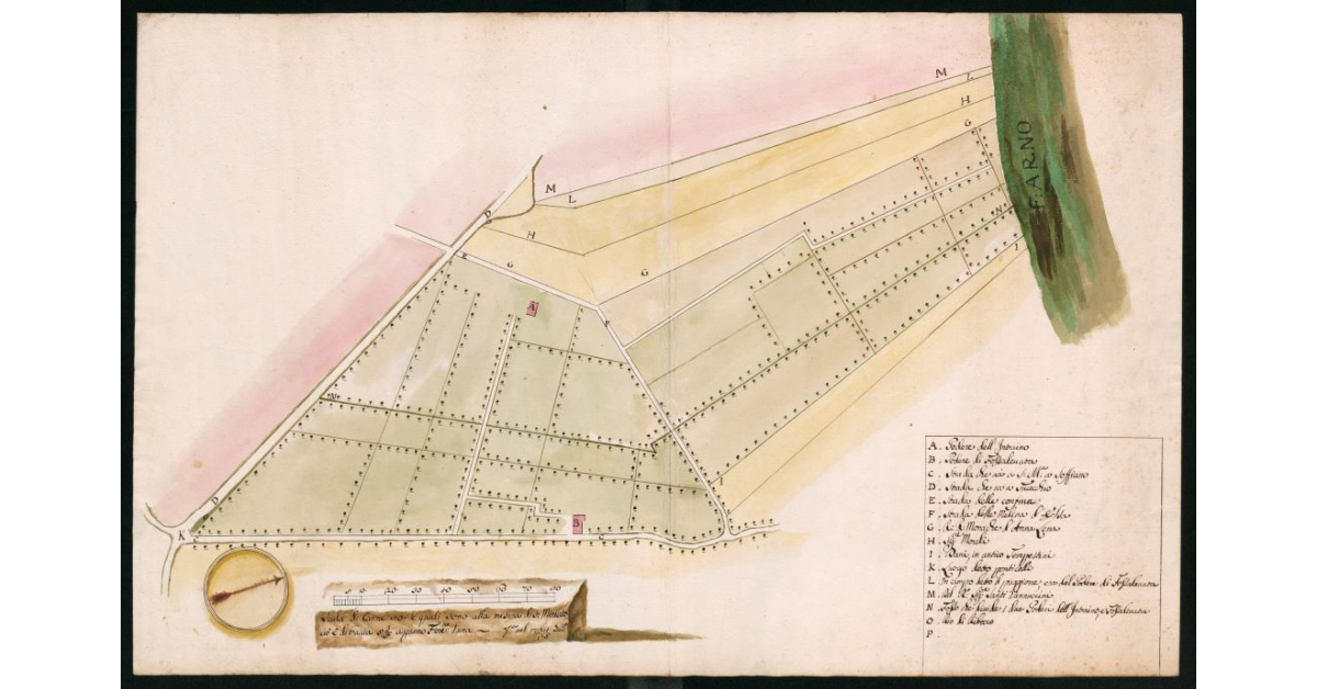 [Carta dei due Poderi dell'Intraino e di Fossalevata situati tra l'Arno e le strade per i Mulini sull'Elsa, Fucecchio e Firenze]