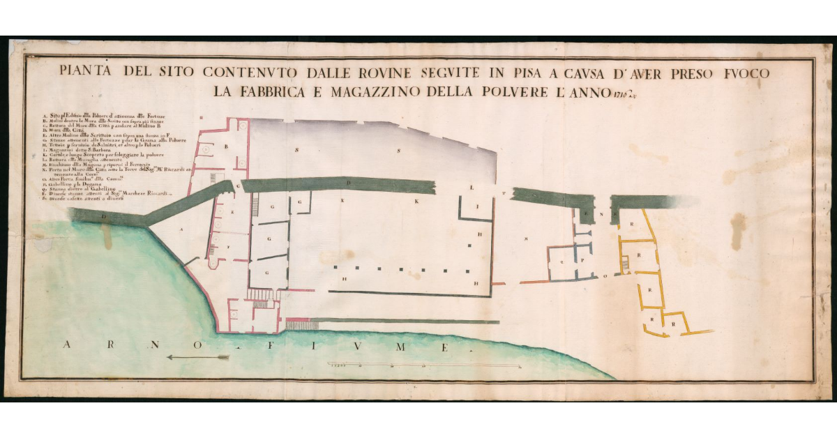 Pianta del sito contenuto dalle rovine seguite in Pisa a causa l'aver preso fuoco la Fabbrica e Magazzino della Polvere l'anno 1716