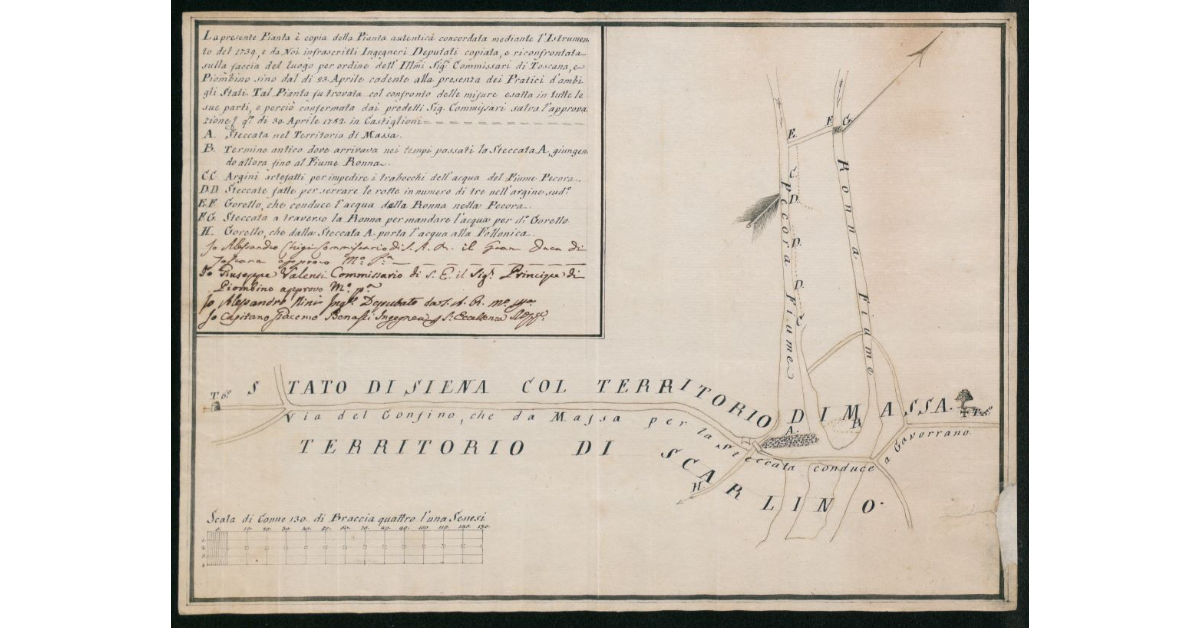 [Disegno schematico del confine tra lo Stato di Siena con il Territorio di Massa e il Principato di Piombino con il territorio di Scarlino alla Steccaia del Fiume Pecora]
