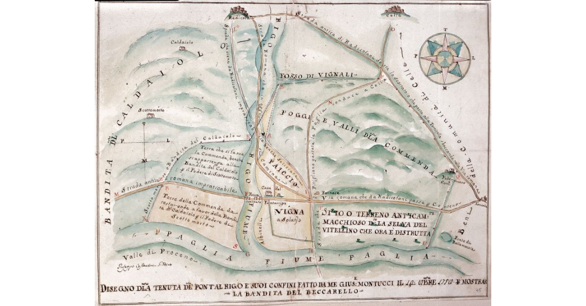 Disegno d.la tenuta d.l’ Pont’al Rigo e suoi confini fatto da me Giuseppe Montucci il 12 Ottobre 1758 per mostrar la bandita del Beccarello