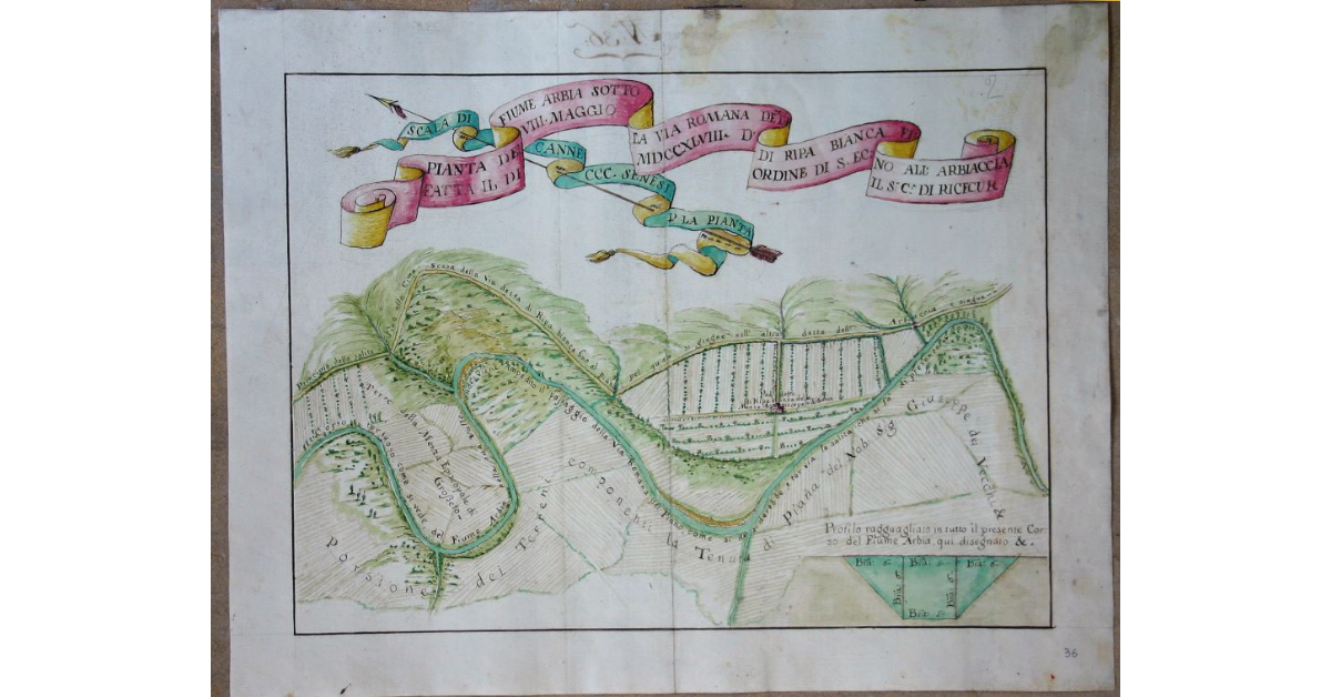 Pianta del fiume Arbia sotto la via Romana detta di Ripa Bianca fino all’Arbiaccia fatta il dì MDCCXLVIII d’ordine di Sua Eccellenza il Signor Conte di Ricecur