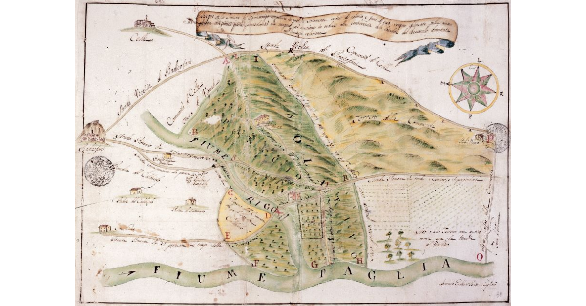 Disegno della tenuta del Pontarrigo in quel che solamente vedesi di colorito, e fuori di esso vengon delineate nella sua giusta direzione quelle particolarità che vengono per istruzione in ordine alla controversia della Bandita del Beccarello dimostrata nell'annessa relazione