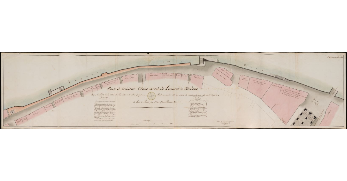 Route de trosiéme classe n. 215 de Livourne à Modene depuis la Porte de la Ville de Pise ditte à la Mer jusqu'au Pont en marbre dit de Milieu, ou s'embranche avec celle de premiére classe n. 8 de Paris à Rome