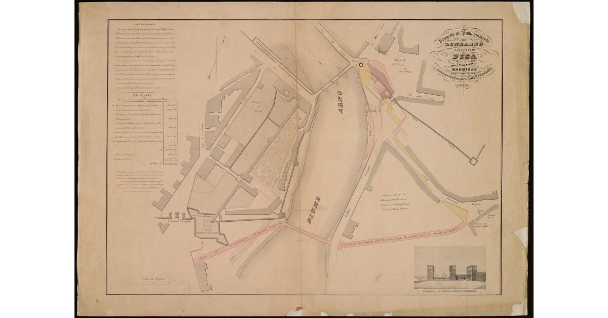 Progetto di prolungamento del Lungarno della città di Pisa e della nuova Barriera a Porta a Piagge, pubblicato dall'ing. R. Castinelli nel 1852