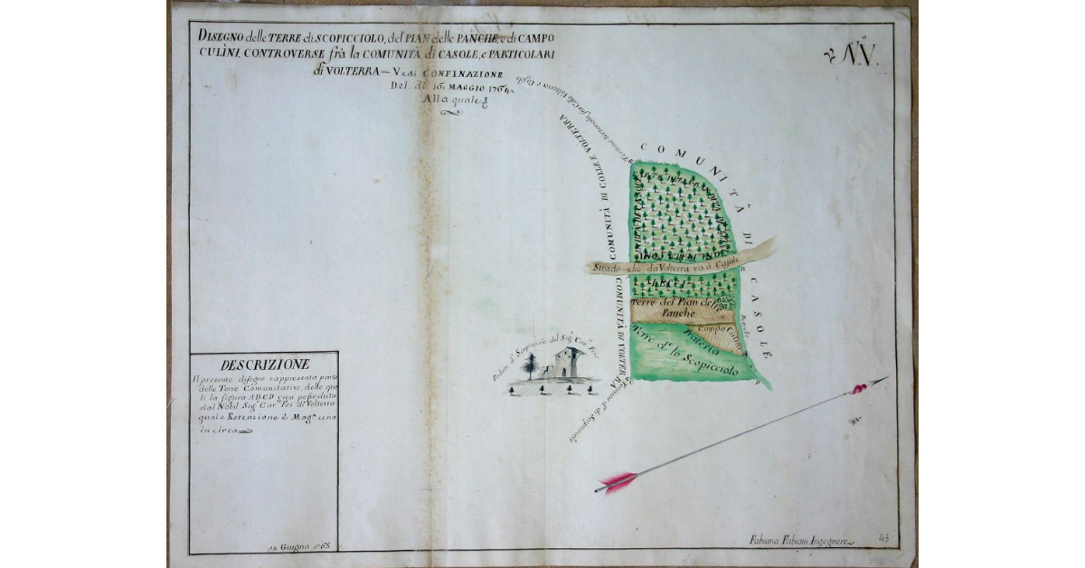 Disegno delle Terre di Scopicciolo, del PIan delle Panche, e di Campo Culìni, controverse frà la Comunità di Casole, e Particolari di Volterra