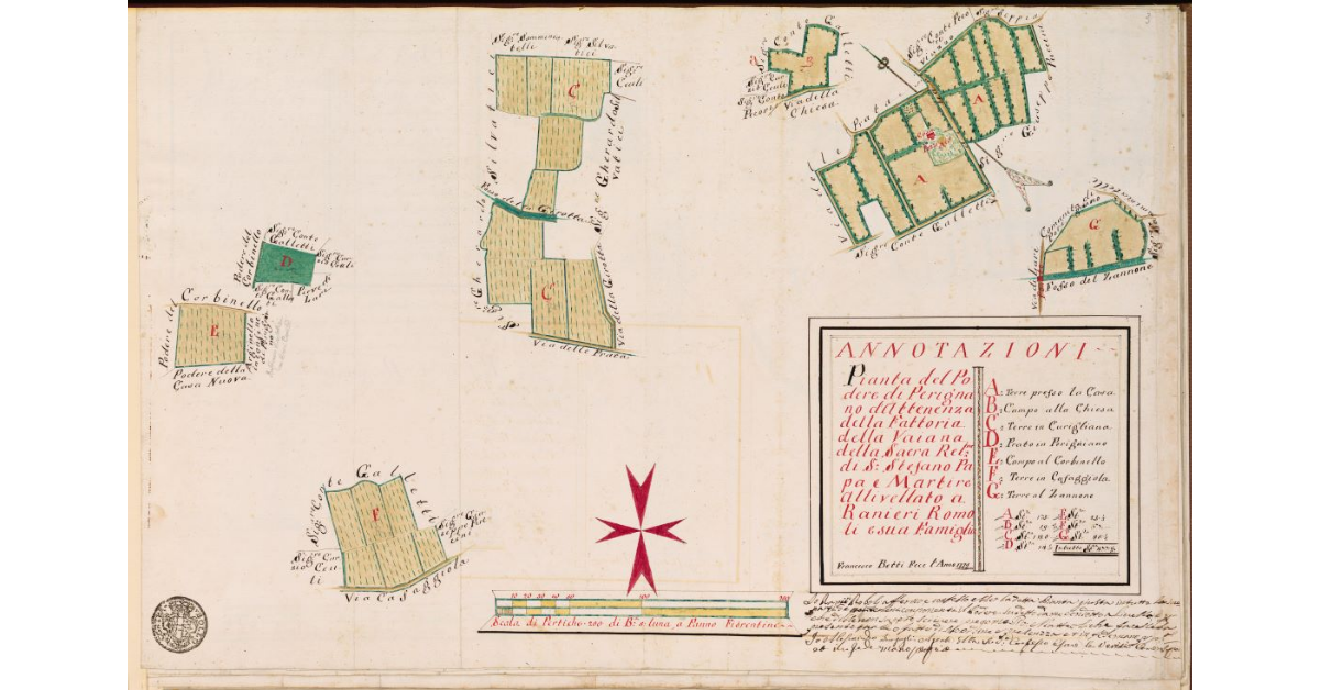 Pianta del Podere di Perignano di attinenza della fattoria della Vaiana della Sacra Religione di S. Stefano Papa e Martire, allivellato a Ranieri Romoli e sua famiglia