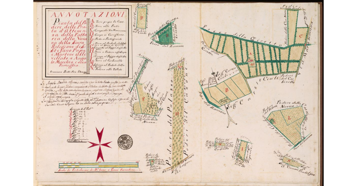Pianta del Podere delle Prata di attinenza della fattoria della Vaiana della Sacra Religione di S. Stefano Papa e Martire, allivellato a Angiolo Macchia e sua famiglia