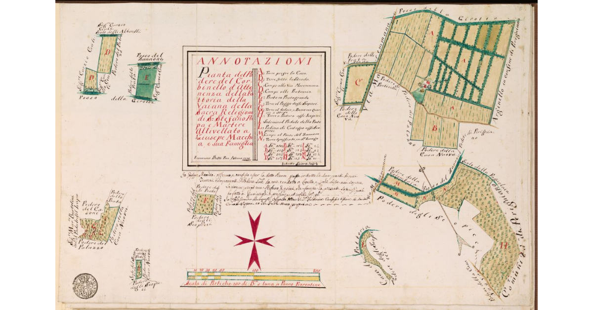 Pianta del Podere del Corbinello di attinenza della fattoria della Vaiana della Sacra Religione di S.Stefano Papa e Martire, allivellato a Giuseppe Macchi e sua famiglia