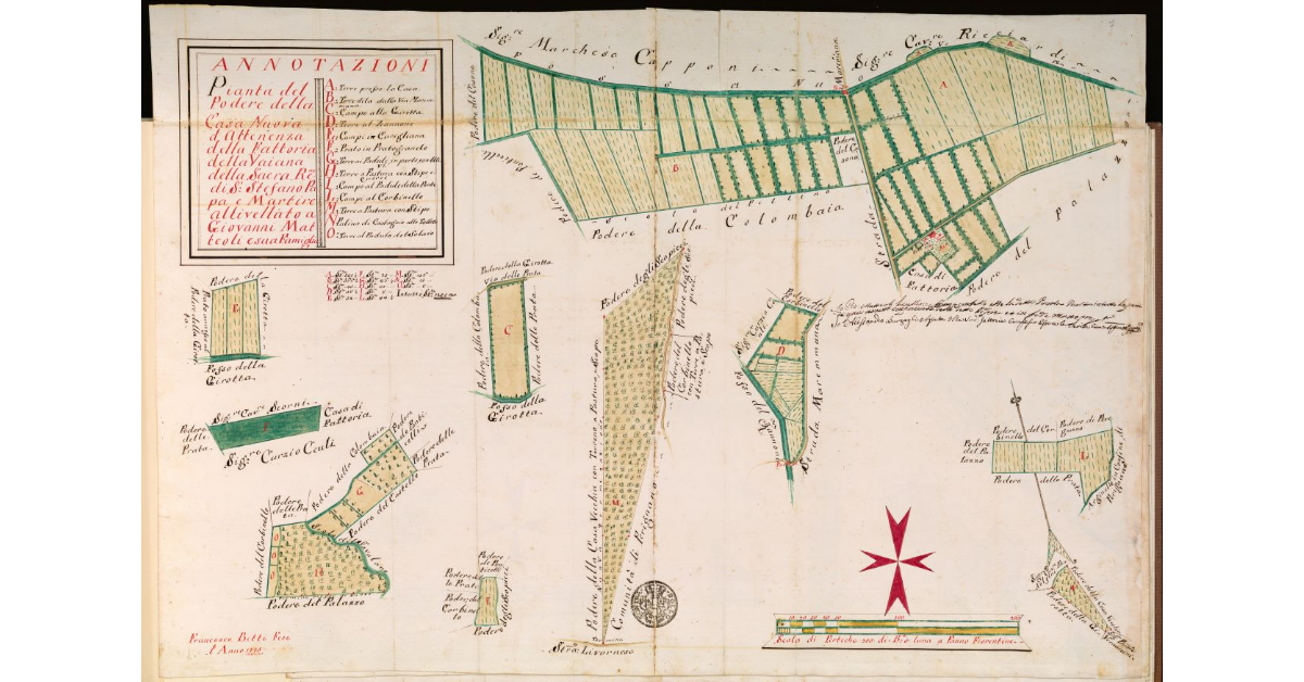 Pianta del Podere della Casa Nuova di attinenza della fattoria della Vaiana della Sacra Religione di S.Stefano Papa e Martire, allivellato a Giovanni Matteoli e sua famiglia