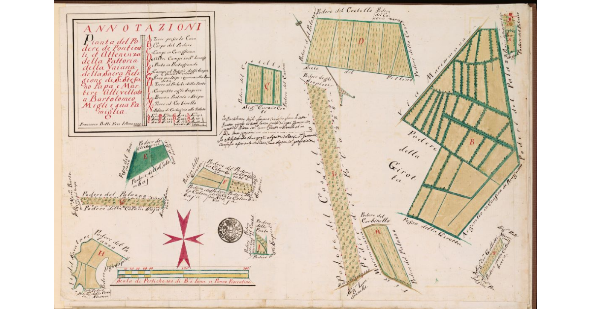Pianta del Podere de Ponticelli di attinenza della fattoria della Vaiana della Sacra Religione di S. Stefano Papa e Martire, allivellato a Bartolomeo Migli e sua famiglia