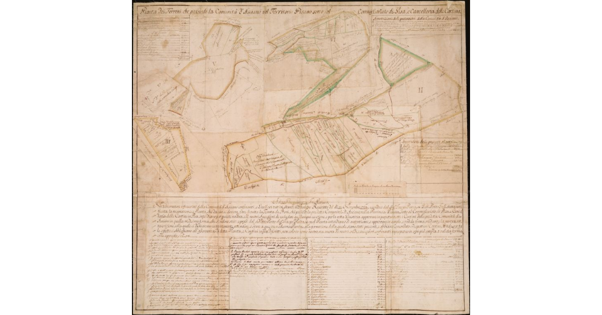 Pianta dei terreni che possiede la comunità di Asciano nel territorio pisano nel commissariato di Pisa e e cancelleria di Cortine