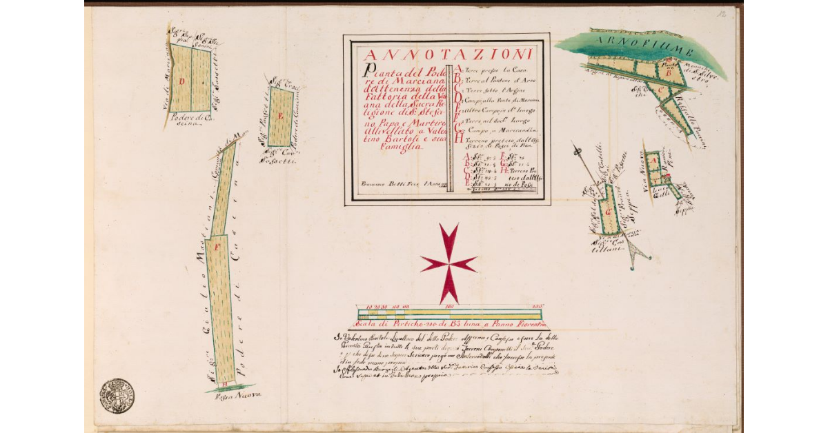 Pianta del Podere di Marciana di attinenza della fattoria della Vaiana della Sacra Religione di S. Stefano Papa e Martire, allivellato a Valentino Bartoli e sua famiglia